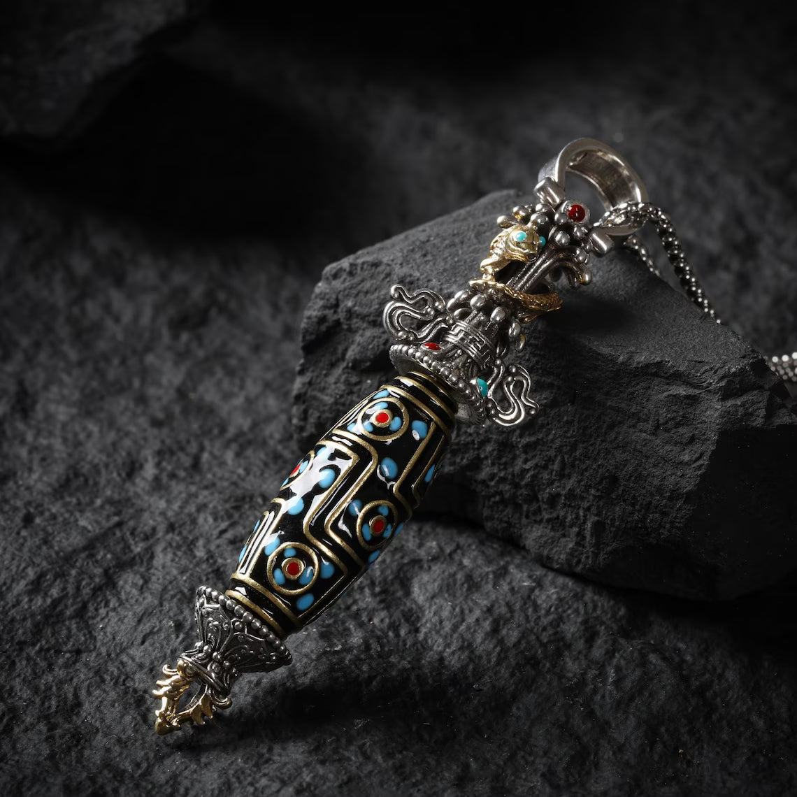 Dharma Deer Vajra Rotating Dzi Pendant Necklace