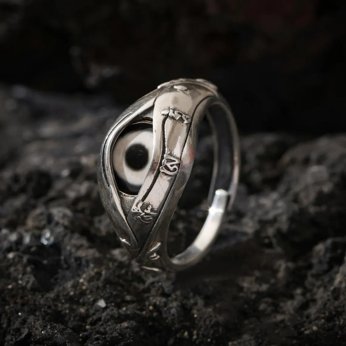 Dharma Deer Dzi Ring Sterling Silver Adjustable Tibetan Statement Ring