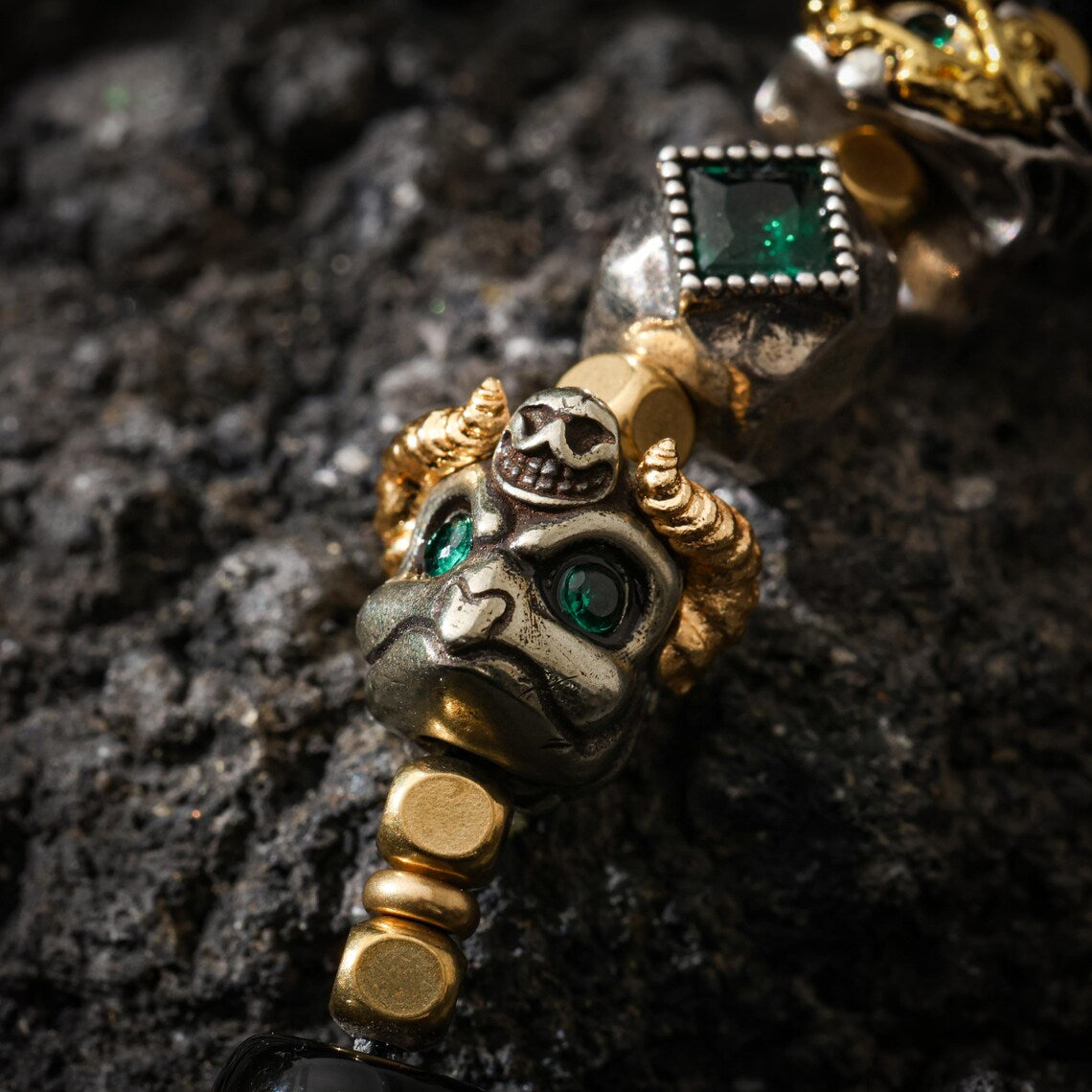 Dharma Deer Tibetan Dzi Bead Necklace, Garuda Charms, Gemstone Accents, Adjustable