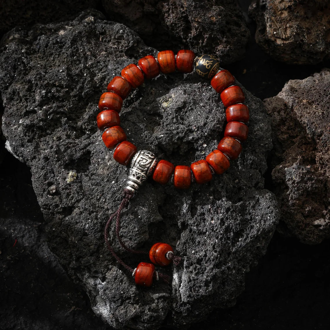 Dharma Deer Yak Bone Bracelet with Om Mani Padme Hum Bead, Adjustable Bracelet