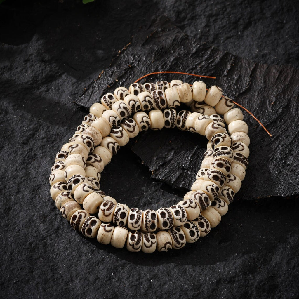 Dharma Deer Bone Smiling Skull Necklace Mala Beads