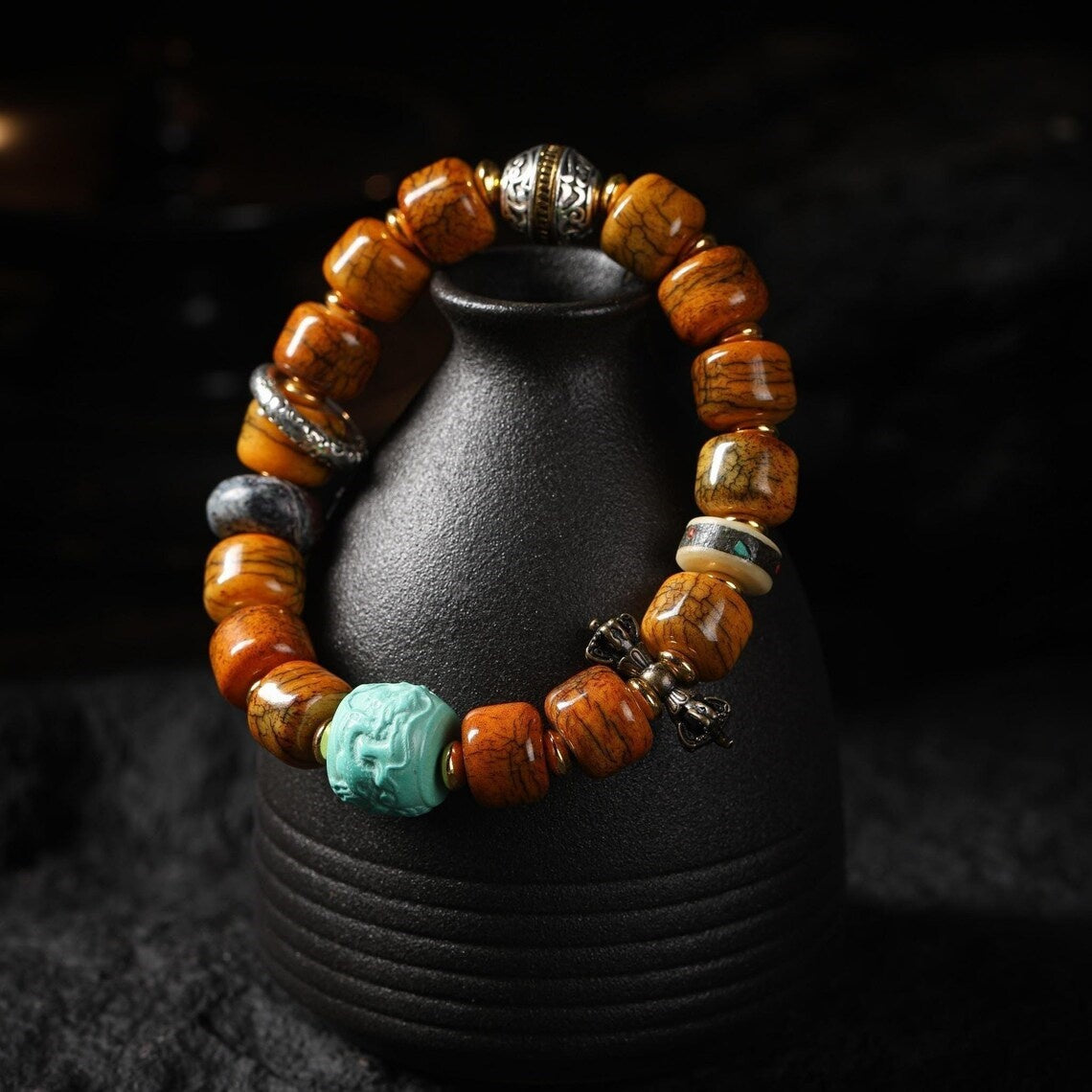 Dharma Deer Yak Bone Bracelet with Turquoise & Vajra Bead