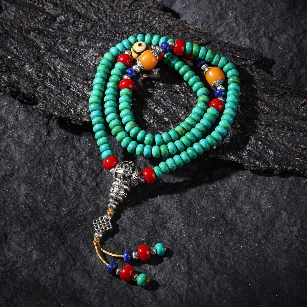Dharma Deer Turquoise Dzi Bead Necklace 108 Mala BeadsTibetan Talisman