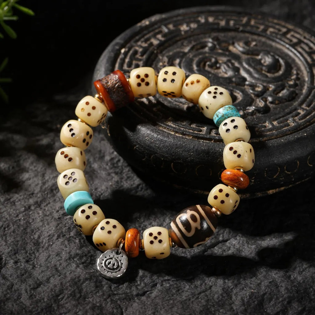 Dharma Deer Yak Bone Bracelet Turquoise & Dzi Accents