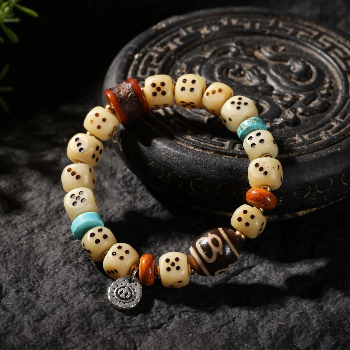 Dharma Deer Yak Bone Bracelet Turquoise & Dzi Accents
