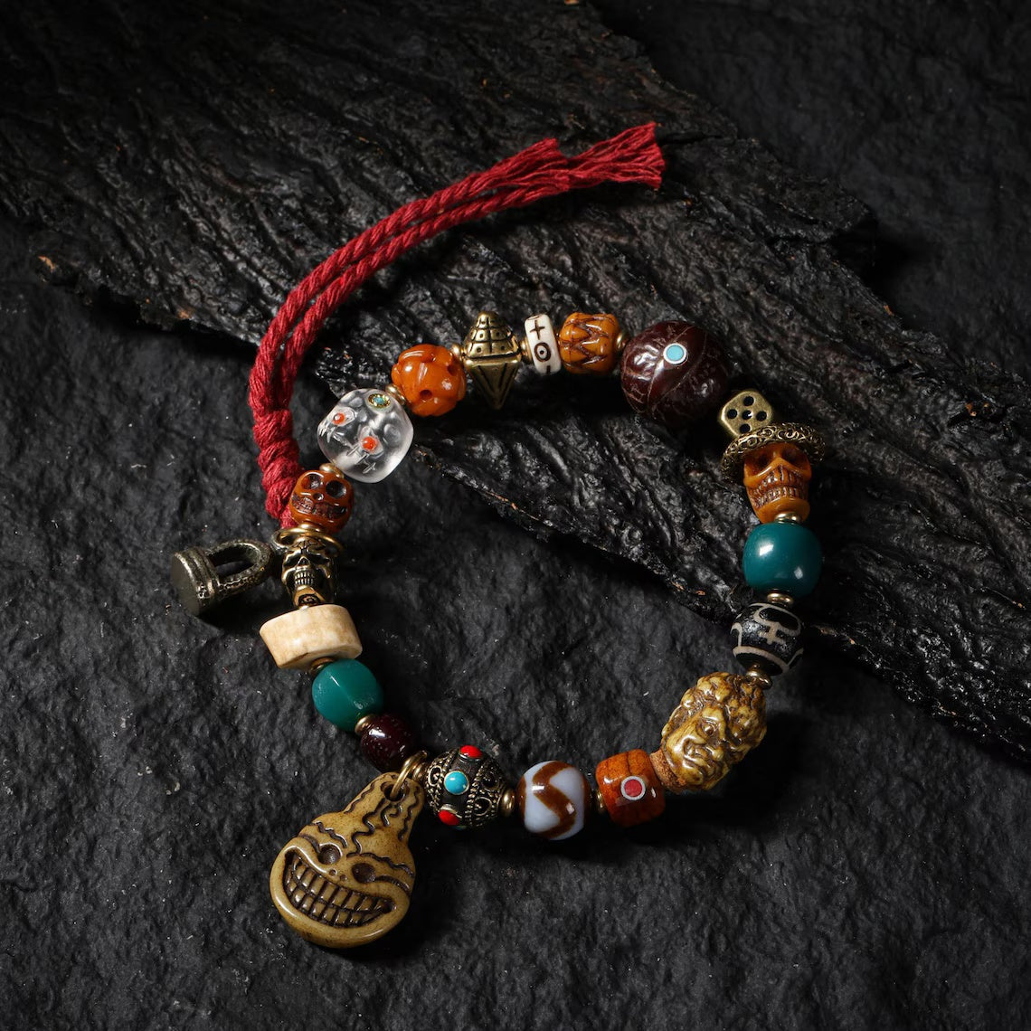 Dharma Deer Yak Bone Bracelet Tibetan Amulet Smiling Fool