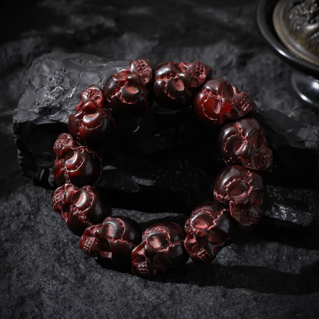 Dharma Deer Red Skull Yak Bone Bracelet Hand-Carved Oversized Beads 20mm