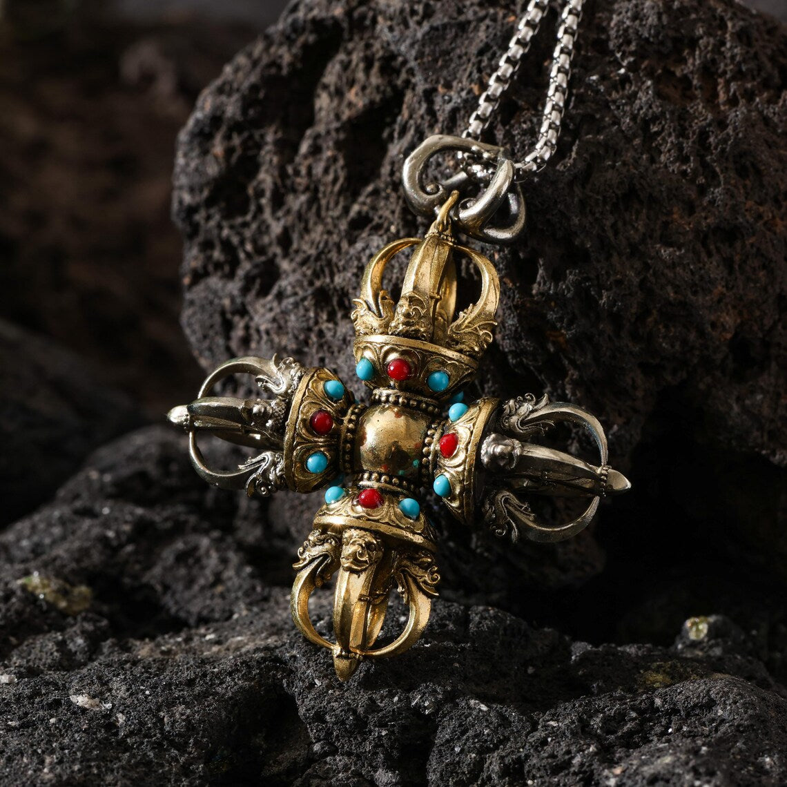 Dharma Deer Cross Vajra Pendant Necklace Tibetan Amulet