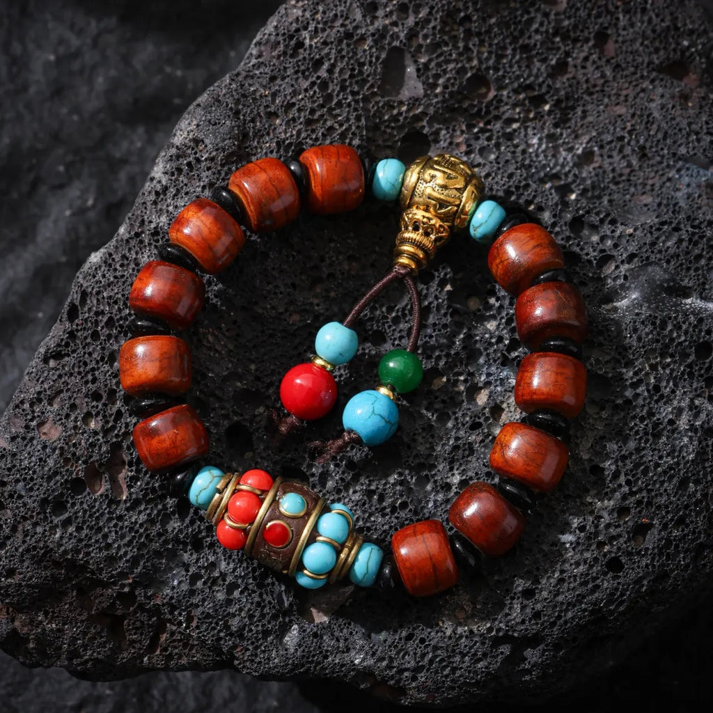 Dharma Deer Tibetan Yak Bone Bracelet with Turquois, Red Agate Accents