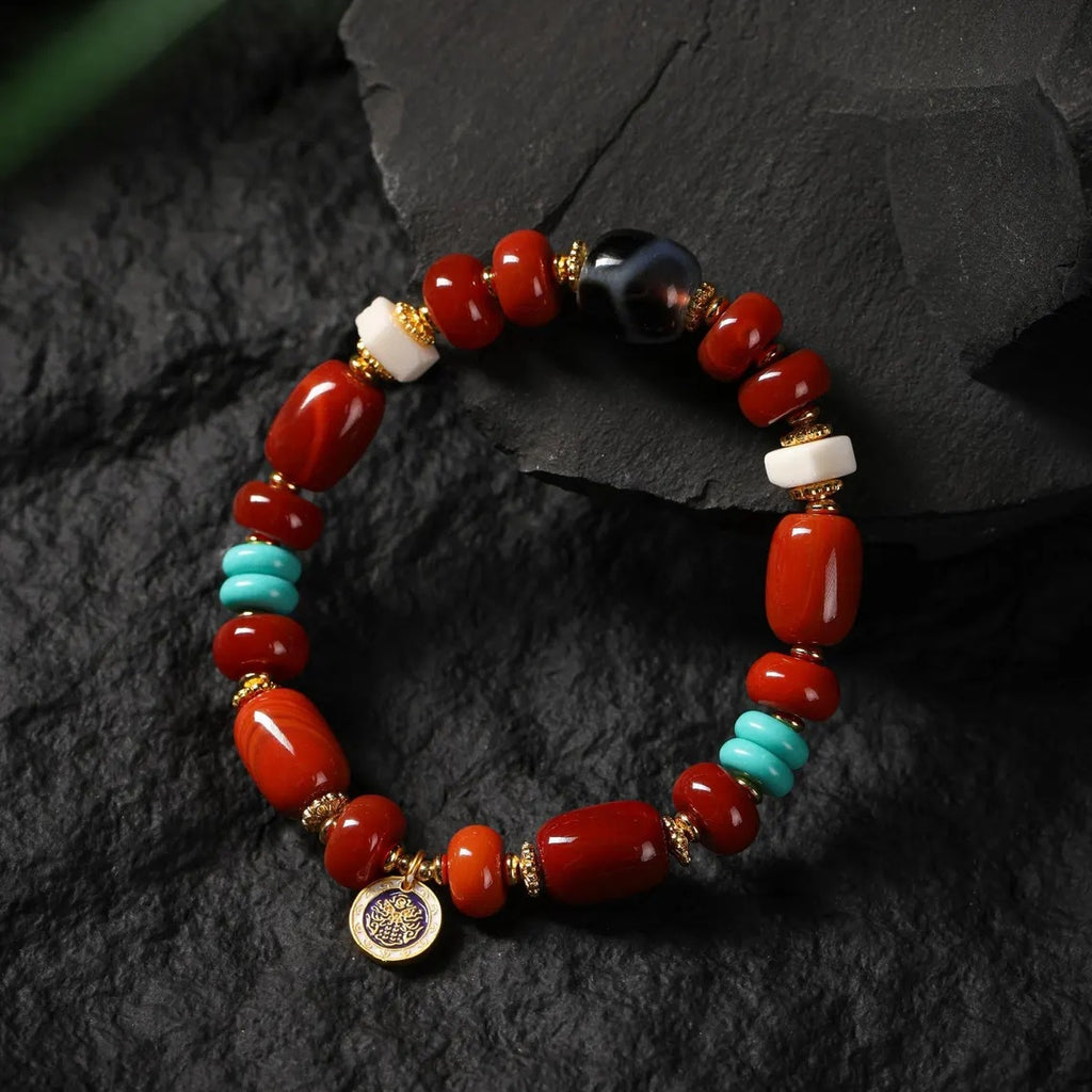 Dharma Deer Tibetan Red Agate Bracelet with Turquoise & Dzi Accents