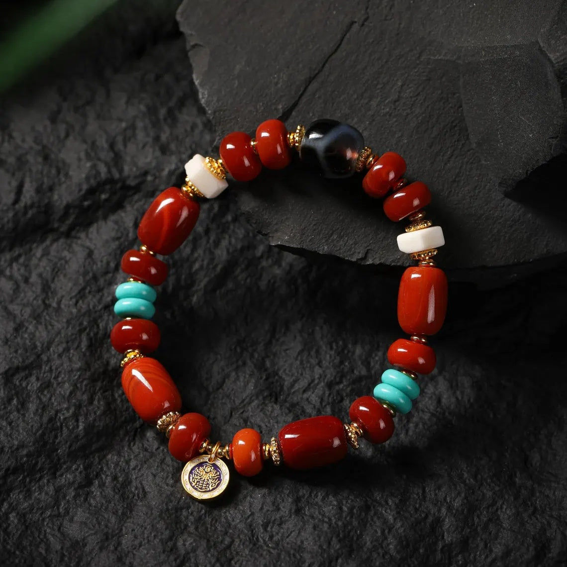 Dharma Deer Tibetan Red Agate Bracelet with Turquoise & Dzi Accents