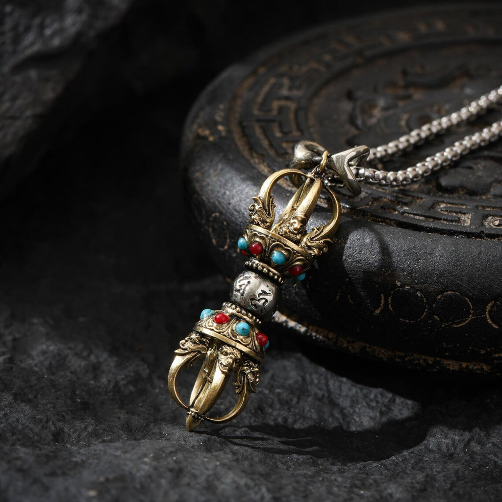 Dharma Deer Five-Pronged Vajra Pendant Tibetan Amulet