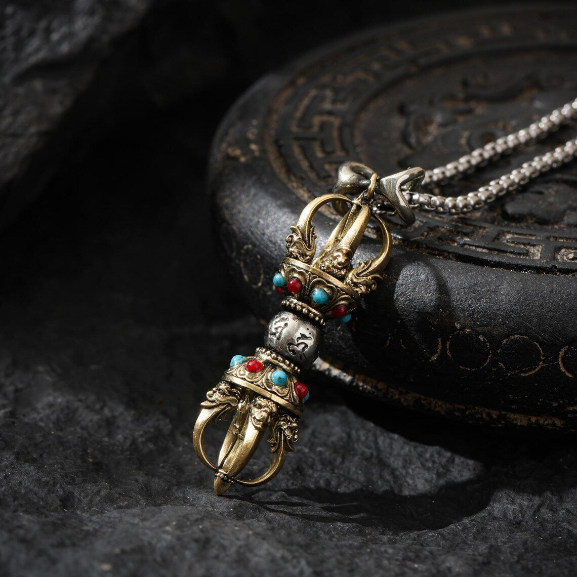Dharma Deer Five-Pronged Vajra Pendant Tibetan Amulet