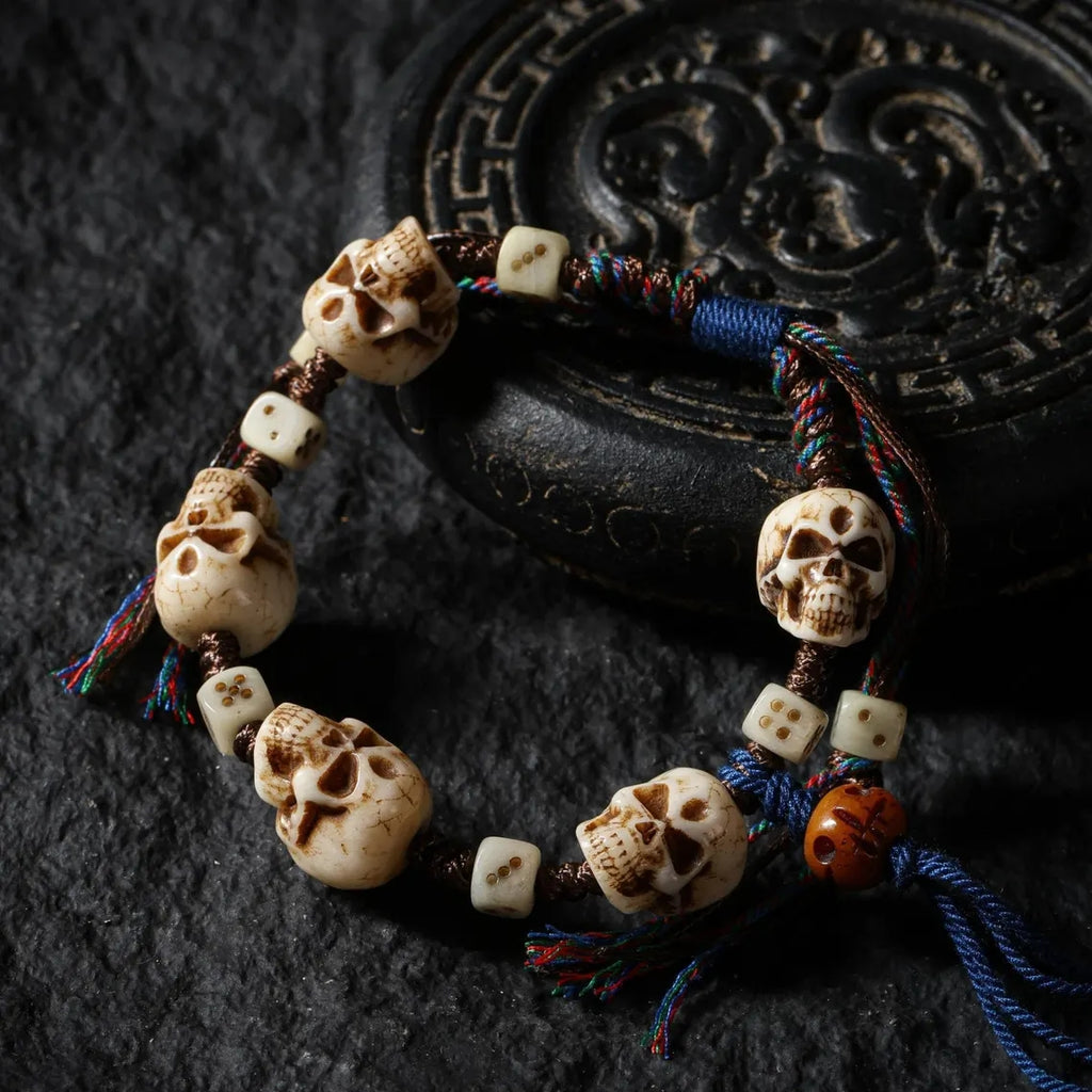 Dharma Deer Yak Bone Carved Skull Bracelet Amulet