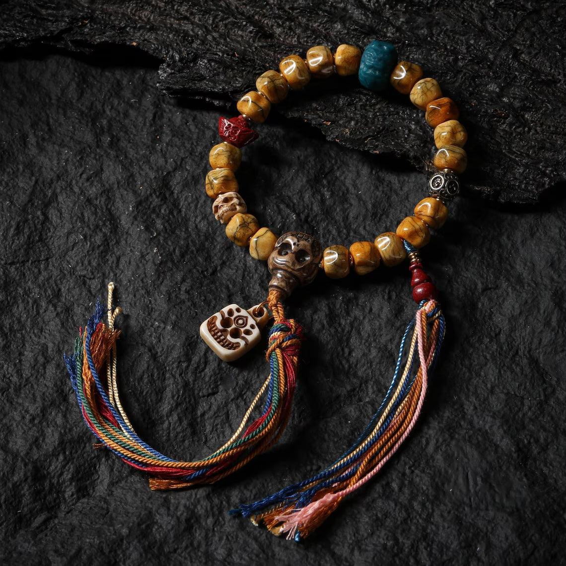 Dharma Deer Yak Bone Carved Skull Bracelet Amulet