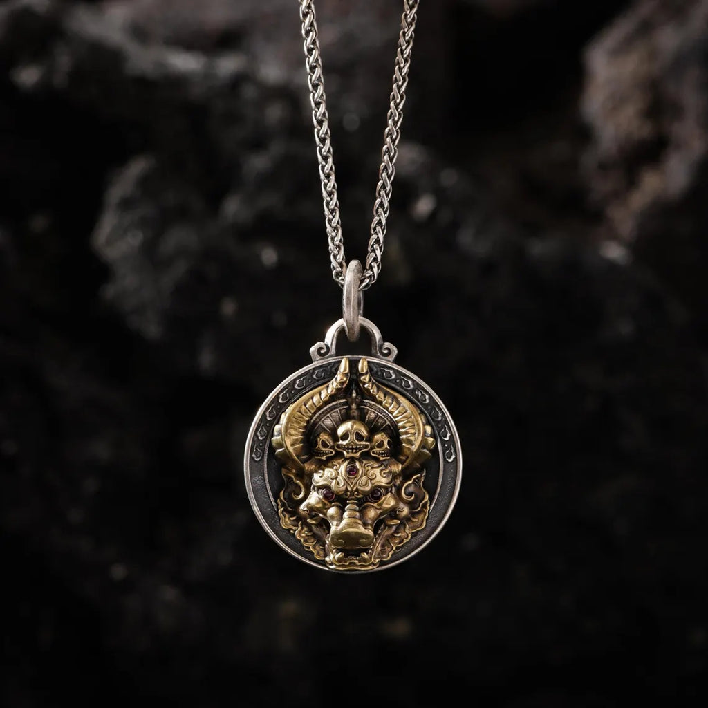 Dharma Deer Yamantaka Pendant Sterling Silver Protector Amulet Tibetan Talisman Necklace