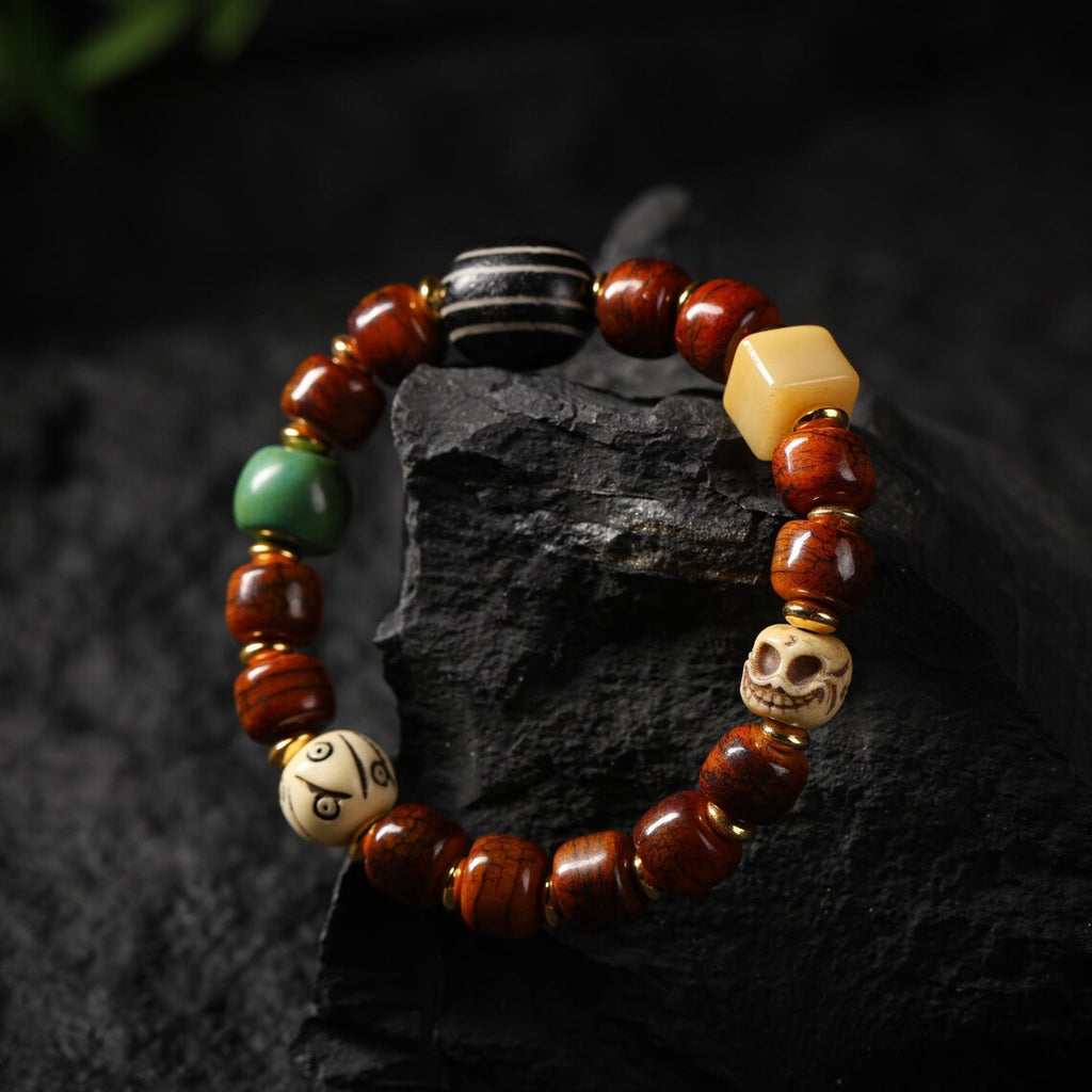 Dharma Deer Yak Bone Dzi Skull Bead Bracelet