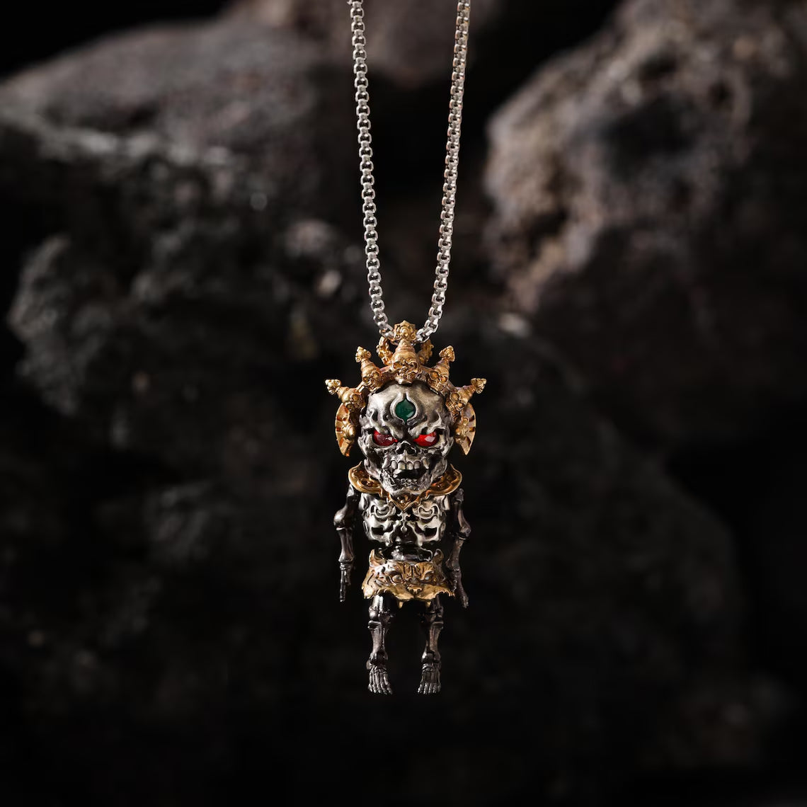 Dharma Deer Tibetan Skull Skeleton Pendant Necklace, Articulated Charm, Movable Joints