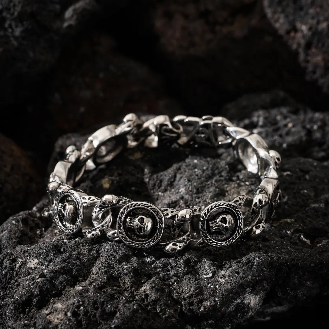 Dharma Deer Skull Chain Bracelet, 316L Stainless Steel, Heavy Statement Bracelet, Spring Clasp