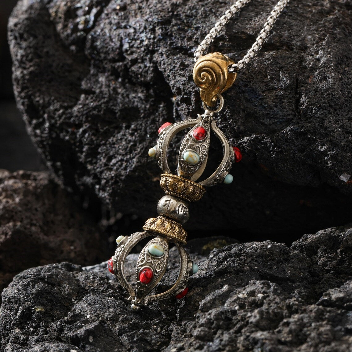 Dharma Deer Five-Pronged Vajra Pendant Necklace Tibetan Amulet