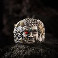 Dharma Deer Guardian Mask Statement Ring, Two-Tone Tibetan Adjustable Ring