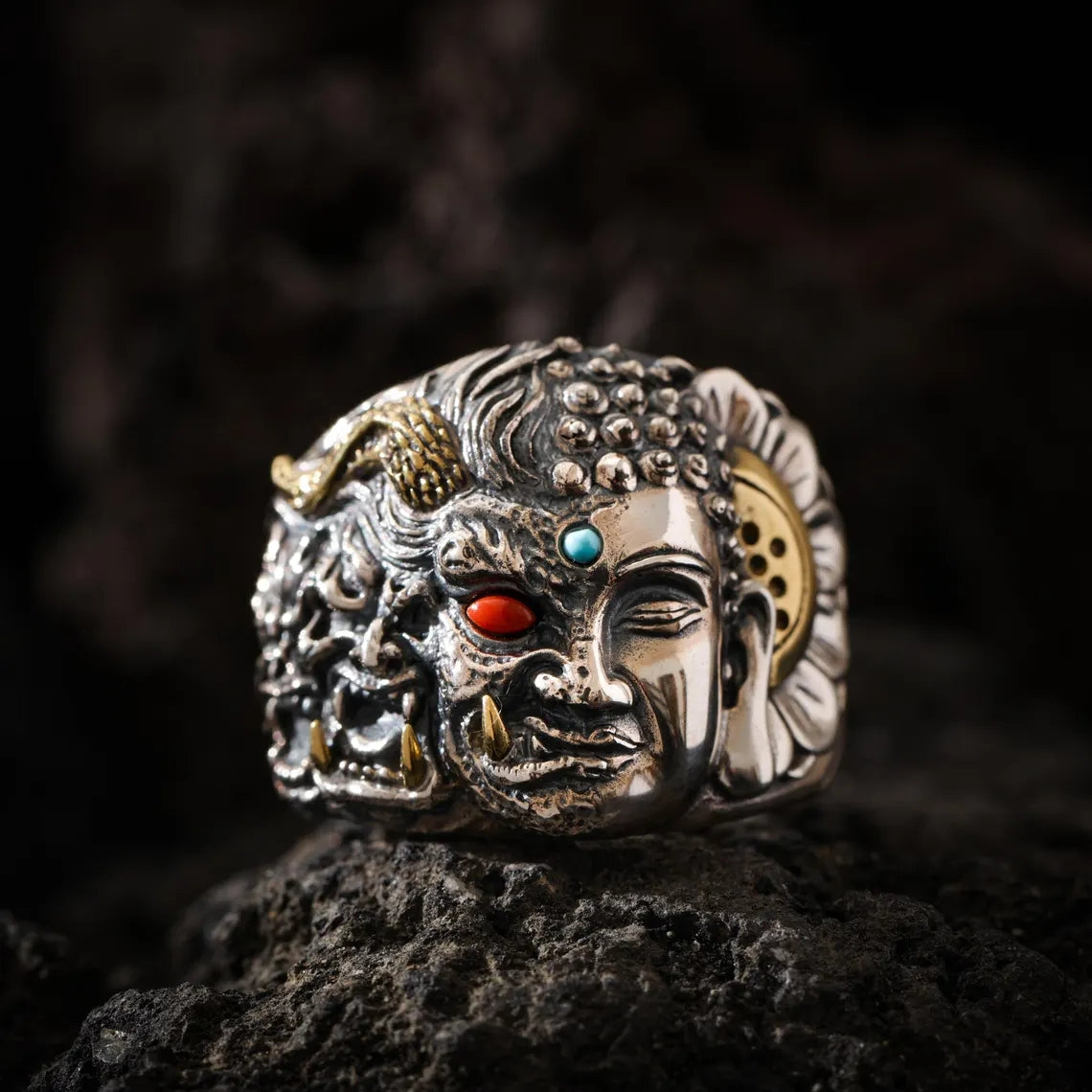 Dharma Deer Guardian Mask Statement Ring, Two-Tone Tibetan Adjustable Ring