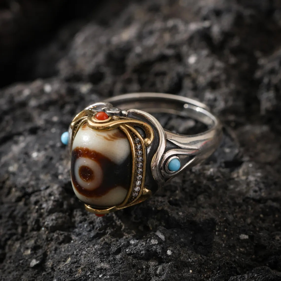Dharma Deer Three-Eyed Dzi Ring Sterling Silver Adjustable Tibetan Statement Ring