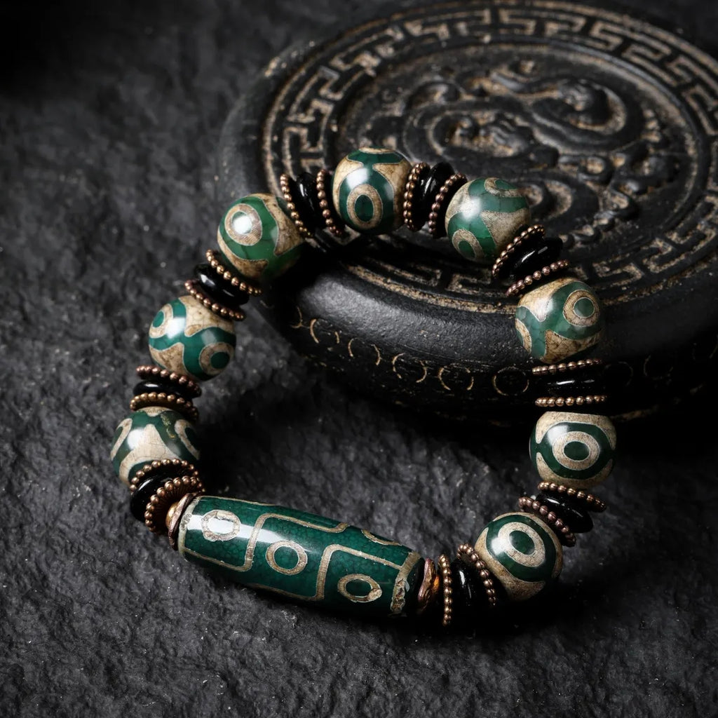 Dharma Deer Tibetan Dzi Mala Bracelet Nine-Eye Green Dzi