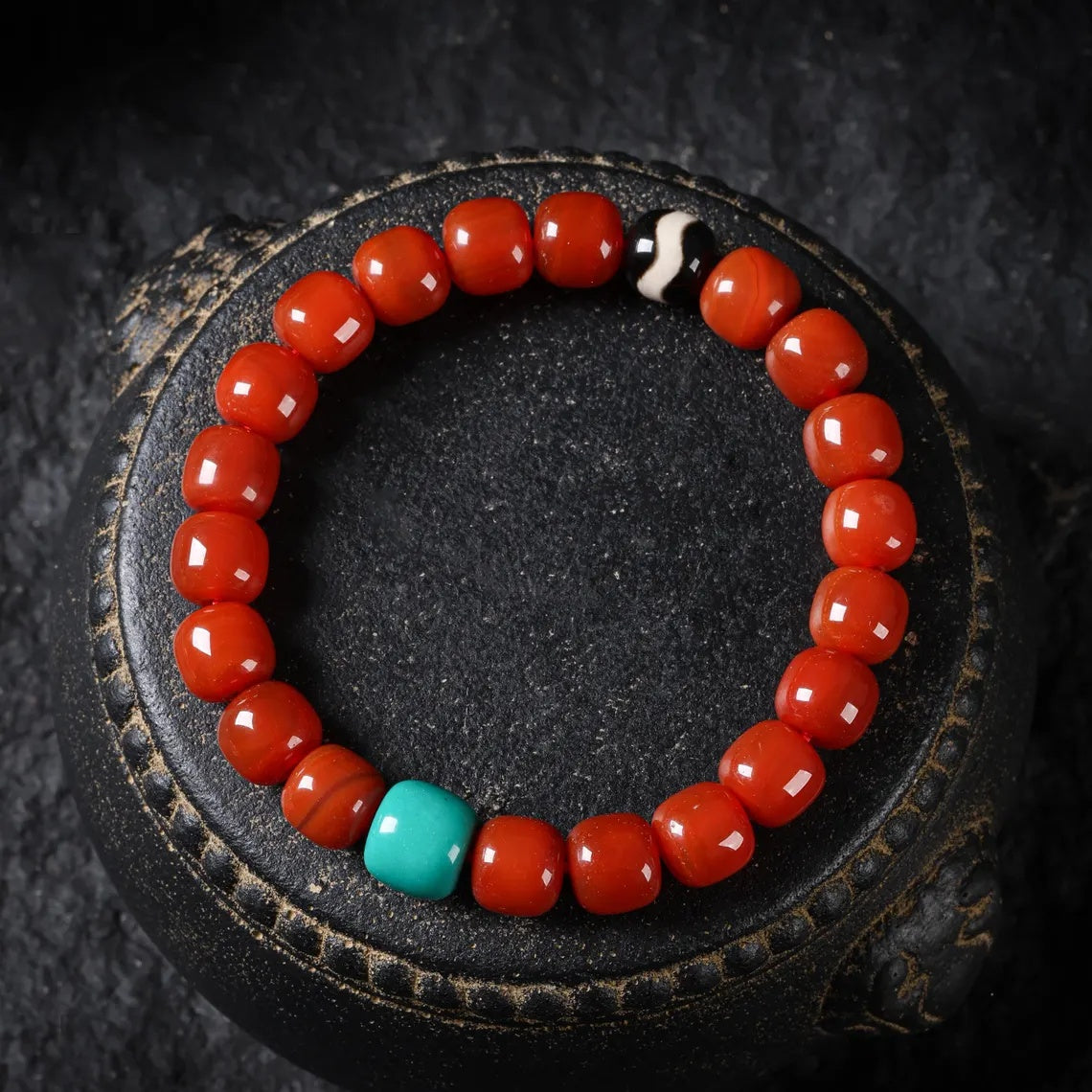 Dharma Deer Red Agate Turquoise Bracelet Dzi