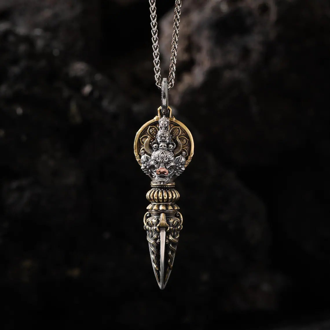 Dharma Deer Yamantaka Phurba Pendant, Sterling Silver Amulet Spinning Backplate