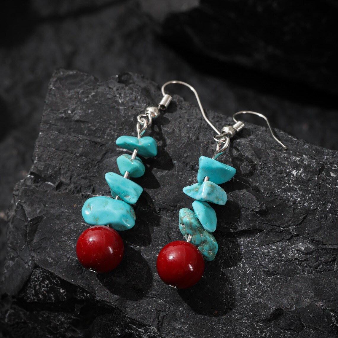 Dharma Deer Tibetan Turquoise Red Agate Dangle Earrings Sterling Silver
