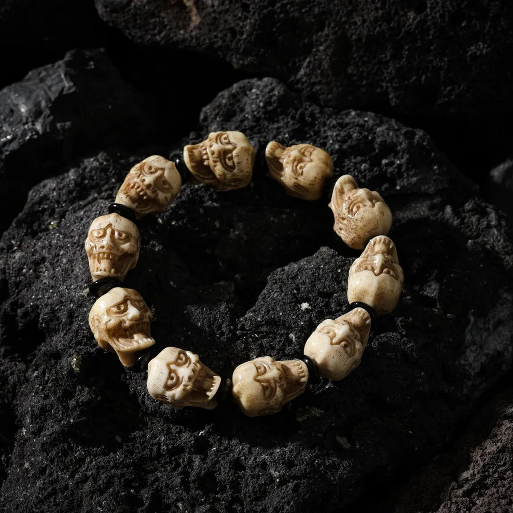 Dharma Deer Yak Bone Double-Sided Skull Amulet Bracelet Protection Amulet