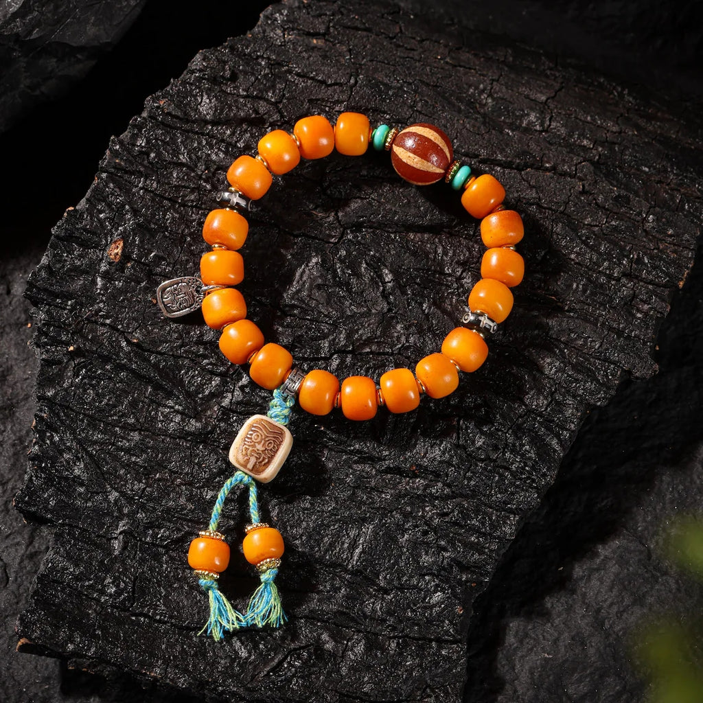 Dharma Deer Tibetan Sacred Yak Bone Bracelet Dzi & Zaki