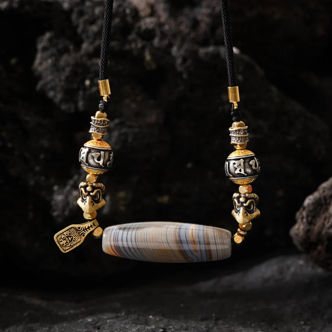 Dharma Deer Blue Agate Dzi Pendant Necklace, Om Mani Padme Hum, Garuda, Zaki Charms