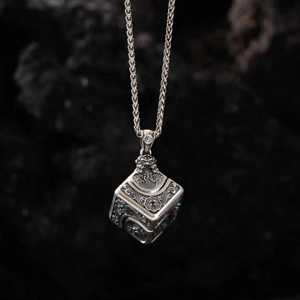 Dharma Deer Om Mantra Cube Dice Pendant, Sterling Silver Rotating Talisman Necklace, Gemstone Accents