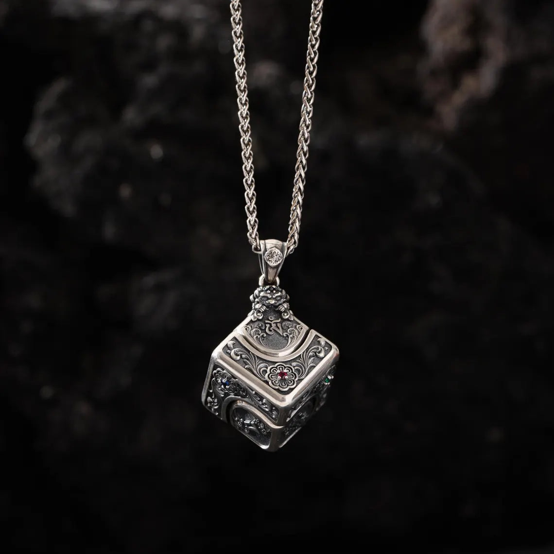 Dharma Deer Om Mantra Cube Dice Pendant, Sterling Silver Rotating Talisman Necklace, Gemstone Accents