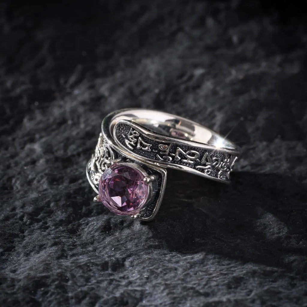 Dharma Deer Natural Amethyst Ring Om Mani Padme Hum