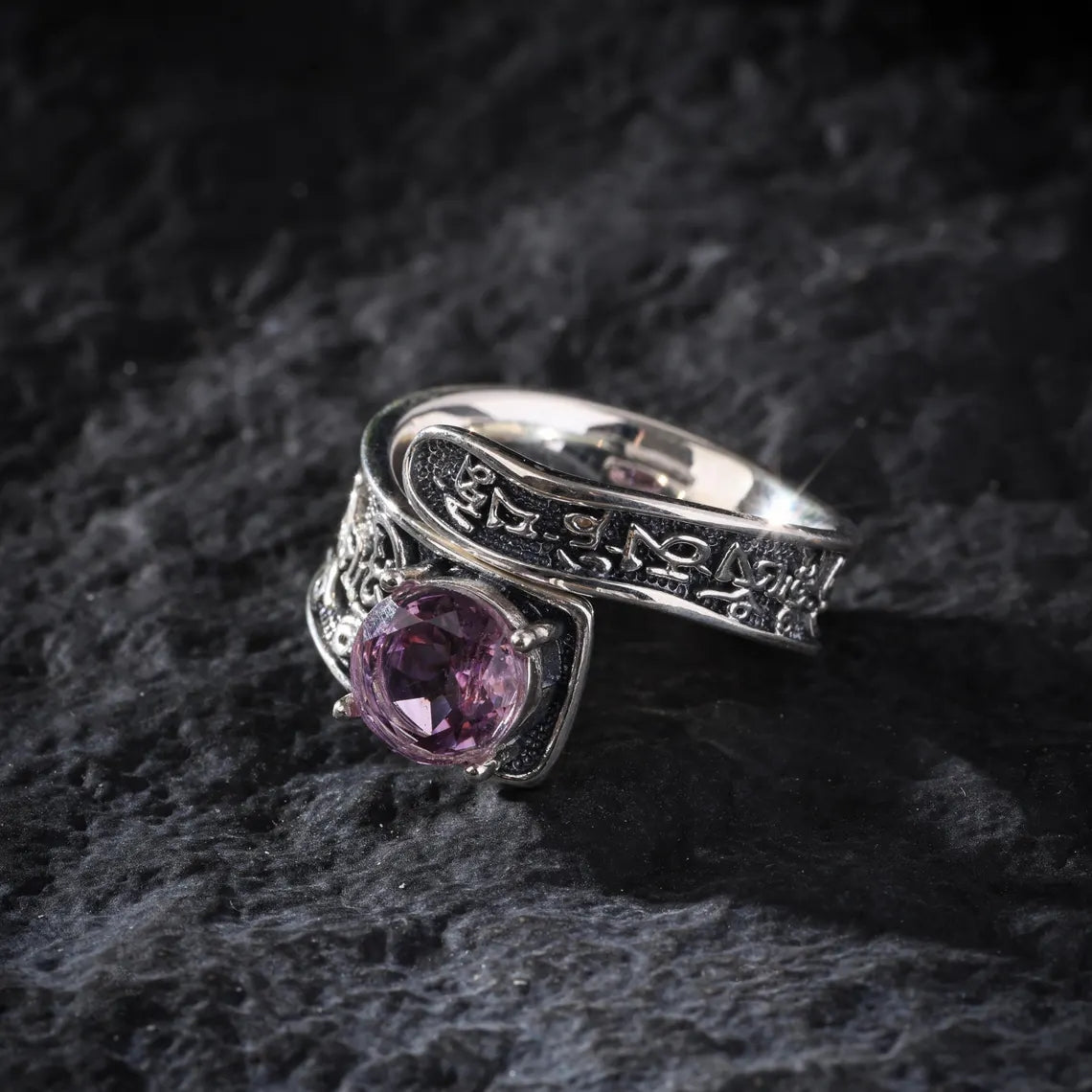 Dharma Deer Natural Amethyst Ring Om Mani Padme Hum