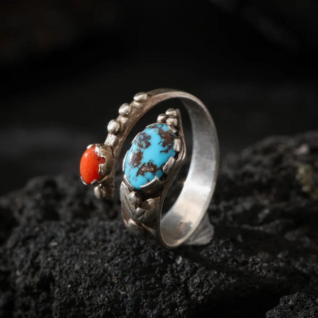 Dharma Deer Turquoise & Red Agate Sterling Silver Ring | Adjustable Open Band | Handmade Statement Ring