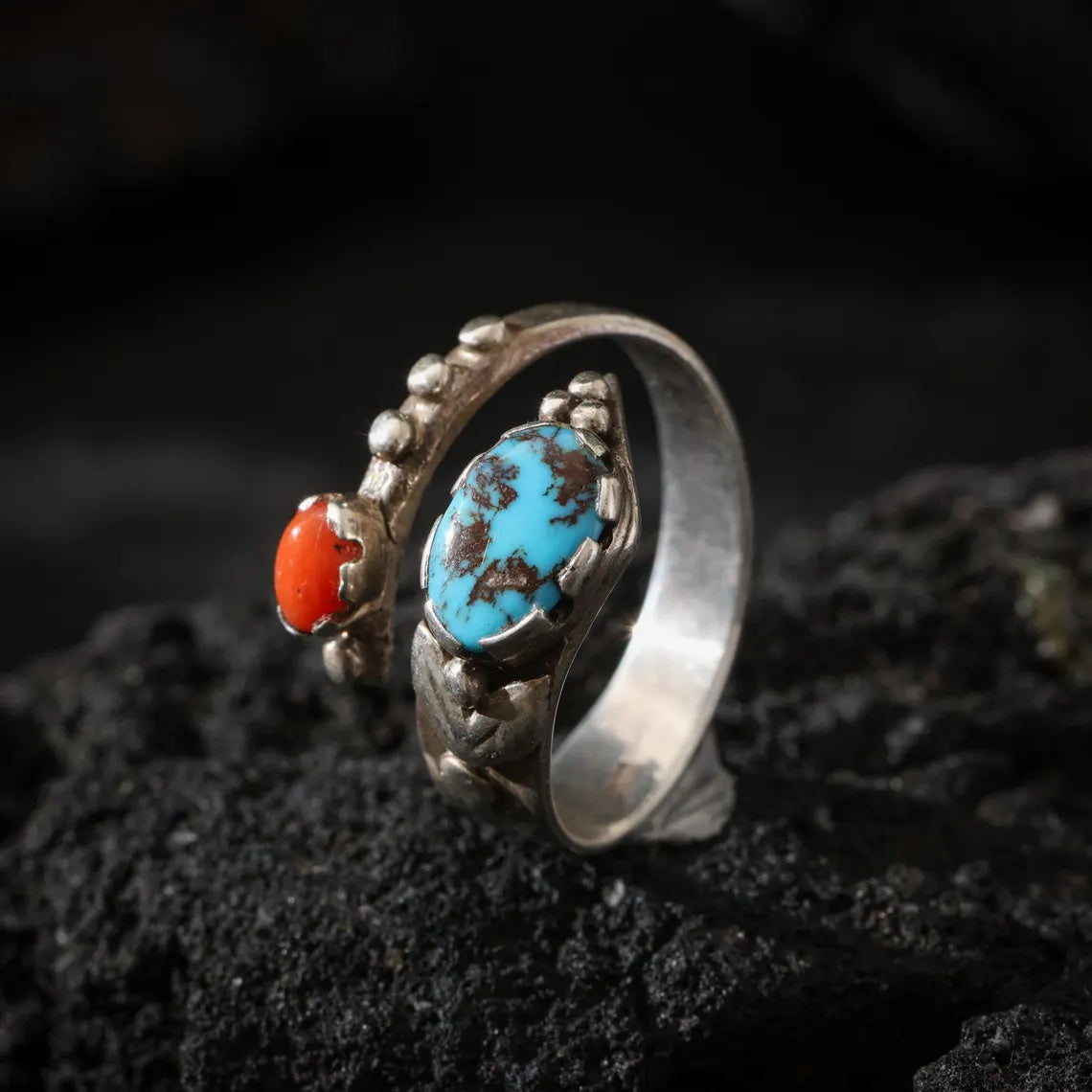 Dharma Deer Turquoise & Red Agate Sterling Silver Ring | Adjustable Open Band | Handmade Statement Ring