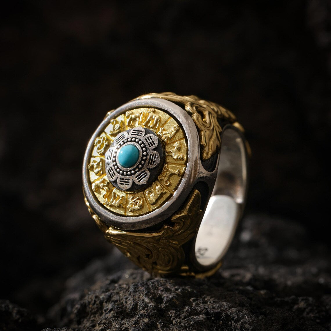 Dharma Deer Eight Trigrams Turquoise Ring Two-Tone Tibetan Statement Adjustable Ring