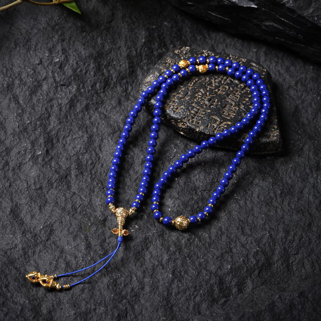 Dharma Deer Lapis Lazuli 108 Mala Necklace with Gold-Plated Accents