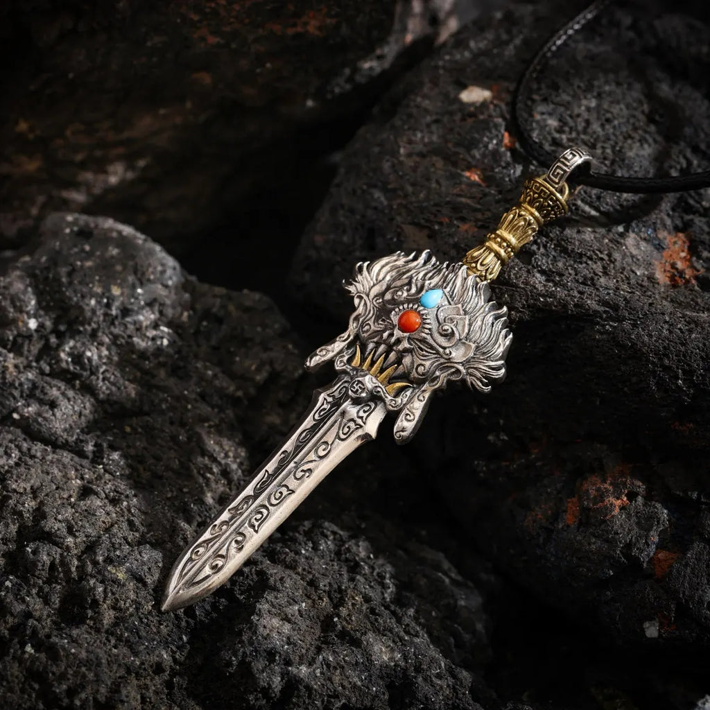 Dharma Deer Phurba Dagger Sword Pendant Two-Tone Tibetan Statement Necklace