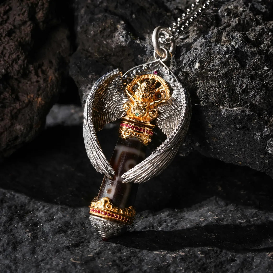 Dharma Deer Garuda Six-Eyed Dzi Bead Pendant Necklace Rotating Wheel Tibetan Amulet