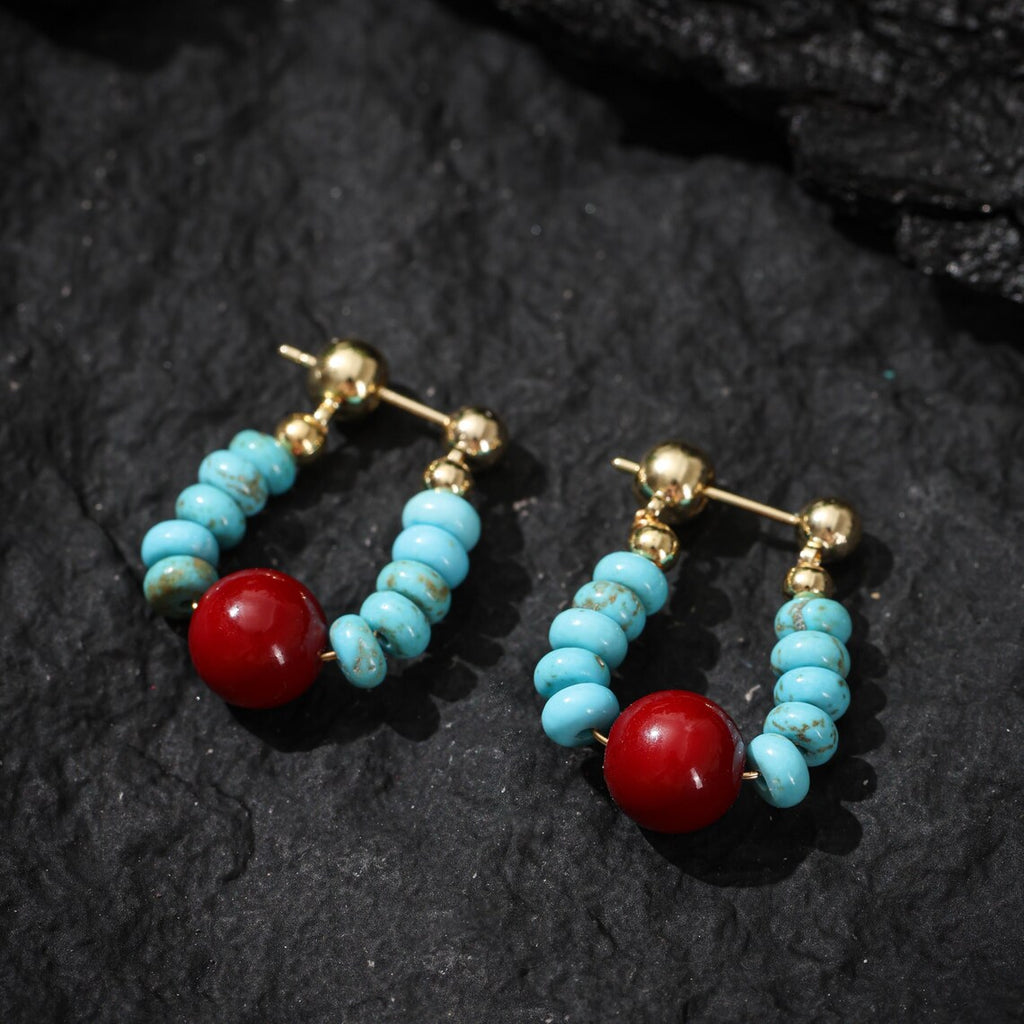 Dharma Deer Tibetan Turquoise Red Agate Dangle Earrings 14K Gold-Plated