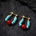 Dharma Deer Tibetan Turquoise Red Agate Dangle Earrings 14K Gold-Plated