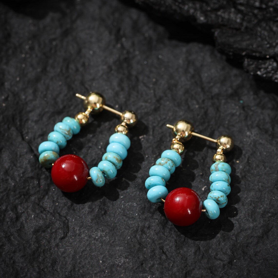 Dharma Deer Tibetan Turquoise Red Agate Dangle Earrings 14K Gold-Plated
