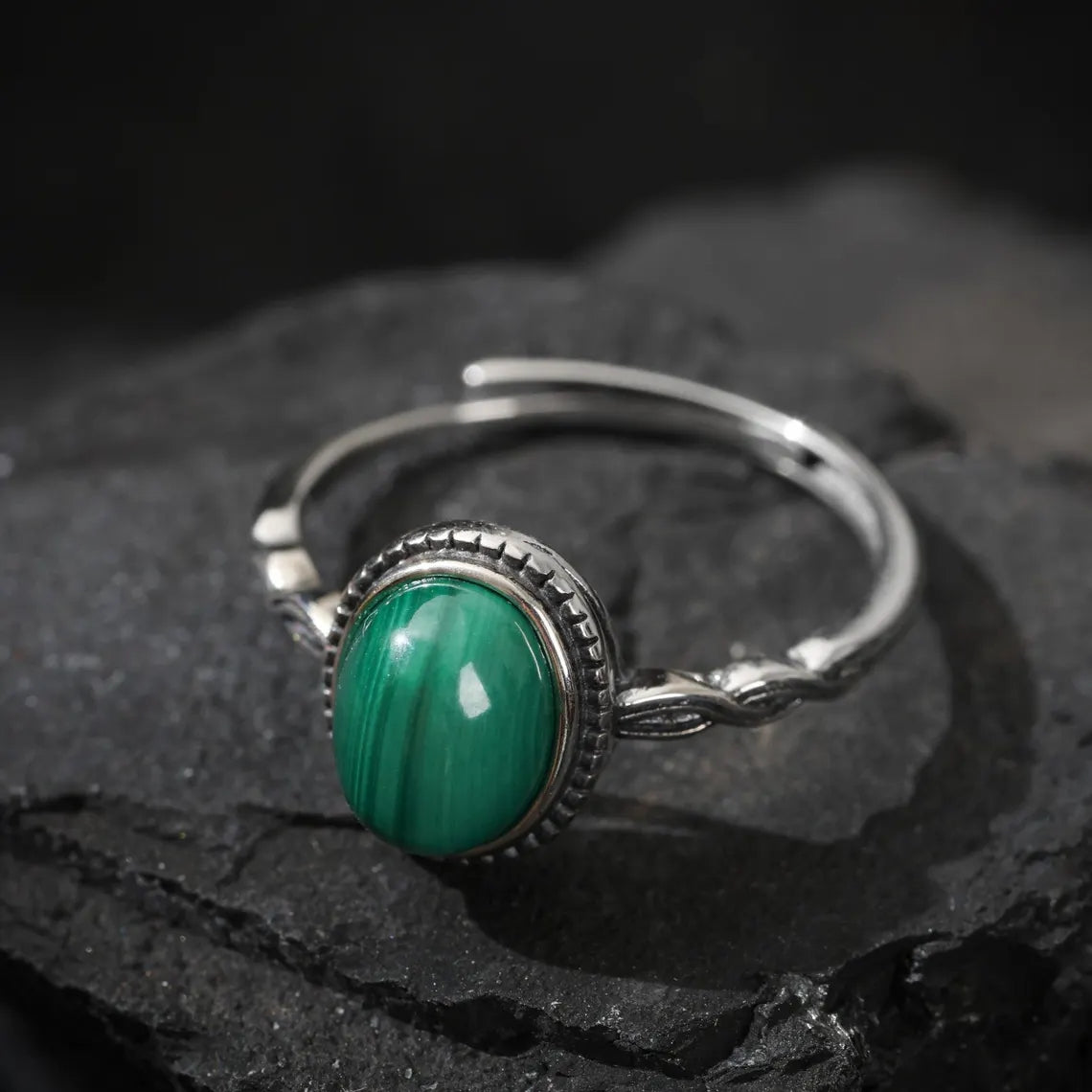 Dharma Deer Tibetan Sterling Silver Malachite Ring