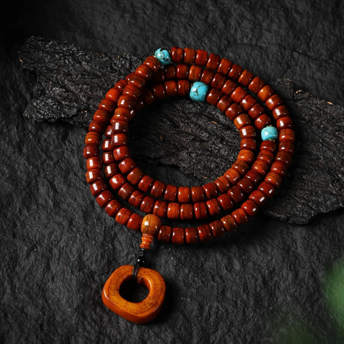 Dharma Deer Yak Bone 108 Mala Beads with Turquoise