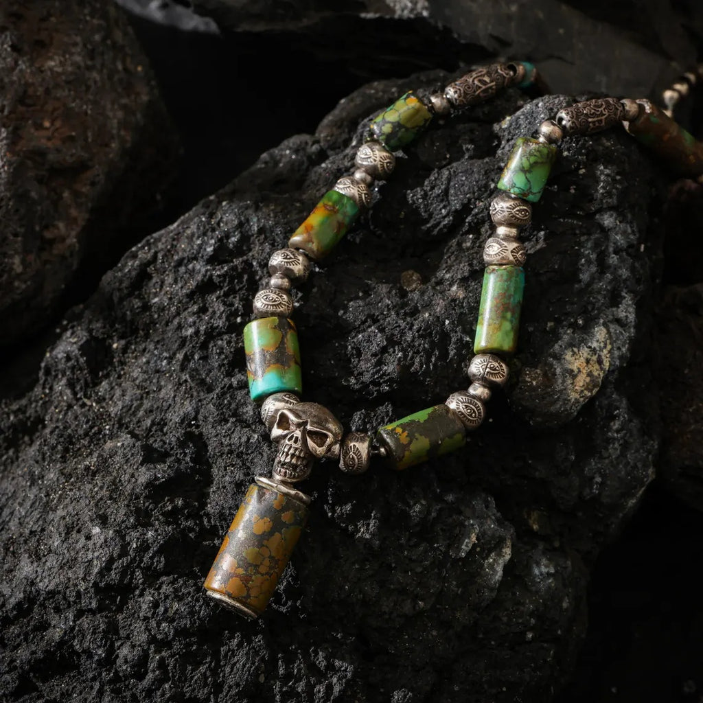 Dharma Deer Turquoise & Sterling Silver Skull Necklace | Om Mani Padme Hum Engraved Beads